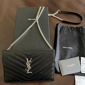 Ysl Saint Laurent Cassandre Matelassé Envelope Chain Wallet In Grain
